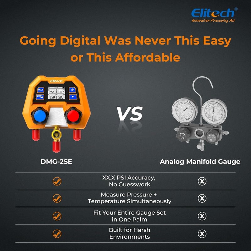 Elitech Digital Manifold Gauge Set for HVAC, Refrigeration & AC Systems, Supports R410A/R454B/R134 etc. Refrigerants, LCD Display, DMG-2SE with 3 Color Hoses & 2 R410A Adapters - Image 3